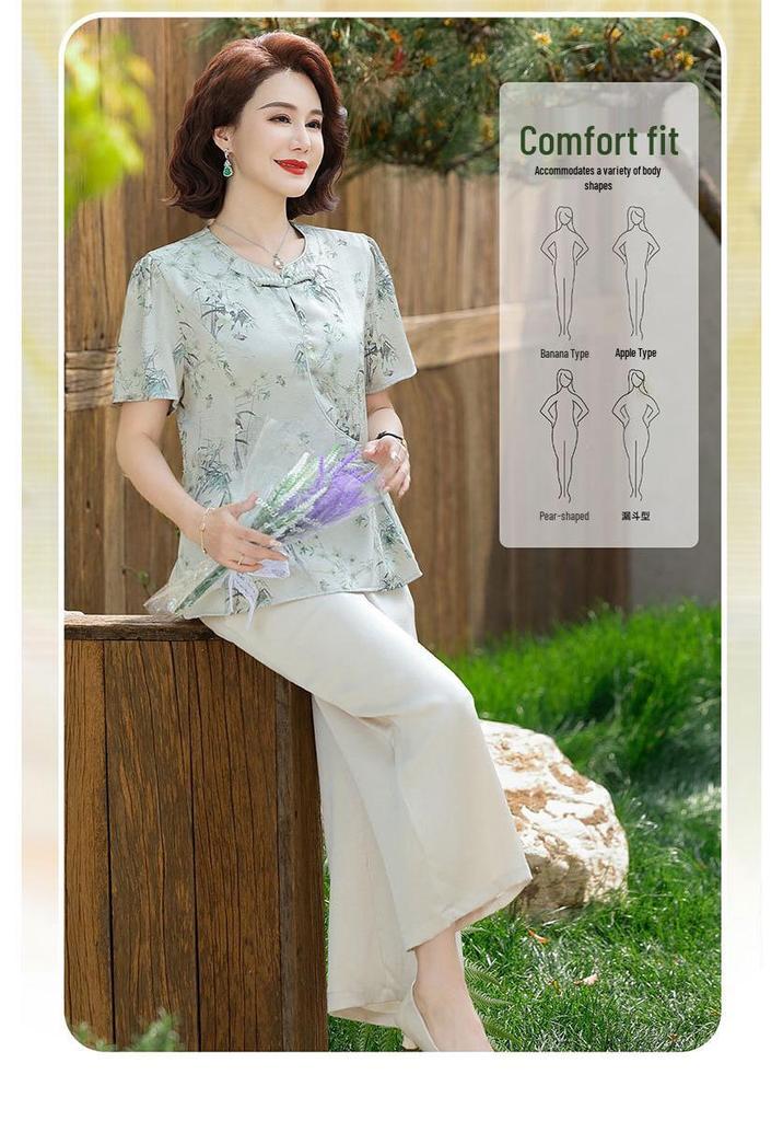 Elegant Chinese Style Summer Fashion Set: Short Sleeve Top & T-shirt for Middle-aged and Elderly Women