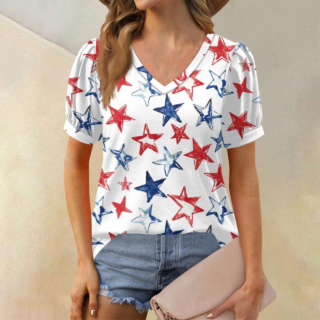 Women's Fashion Independence Day Print Top Puff Short Sleeve V-neck T-shirt Loose Casual T-shirt