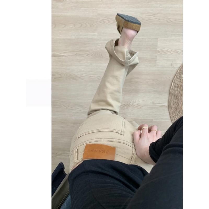 Khaki Plush Micro-Flare Low-Waist Jeans for Women, 2025 Autumn/Winter - Slimming Fit for Slightly Overweight Women