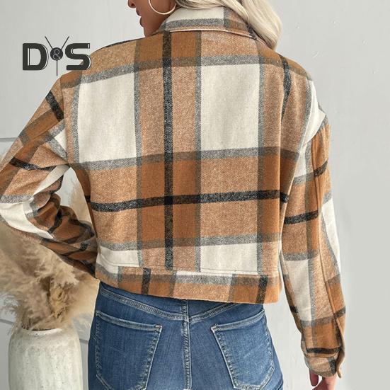 Fall Winter Women Jacket Color Matching Plaid Print Long Sleeve Lapel Single breasted Pockets Thick Cardigan Vintage Lady Coat