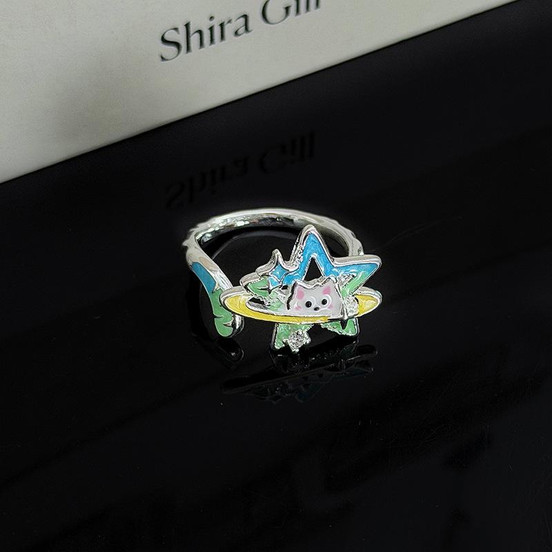 Sweet Sister, Childlike Fun, Colorful Stars, Cat Planet, Enamel Color, Open Ring, Niche Stacking, Wearing High-End Rings, Woman