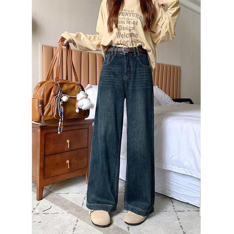 

Женские джинсы больших размеров с высокой талией и широкими штанинами на осень/зиму 2025 - Стройнящий крой для фигуры типа «груша» 5XL синий