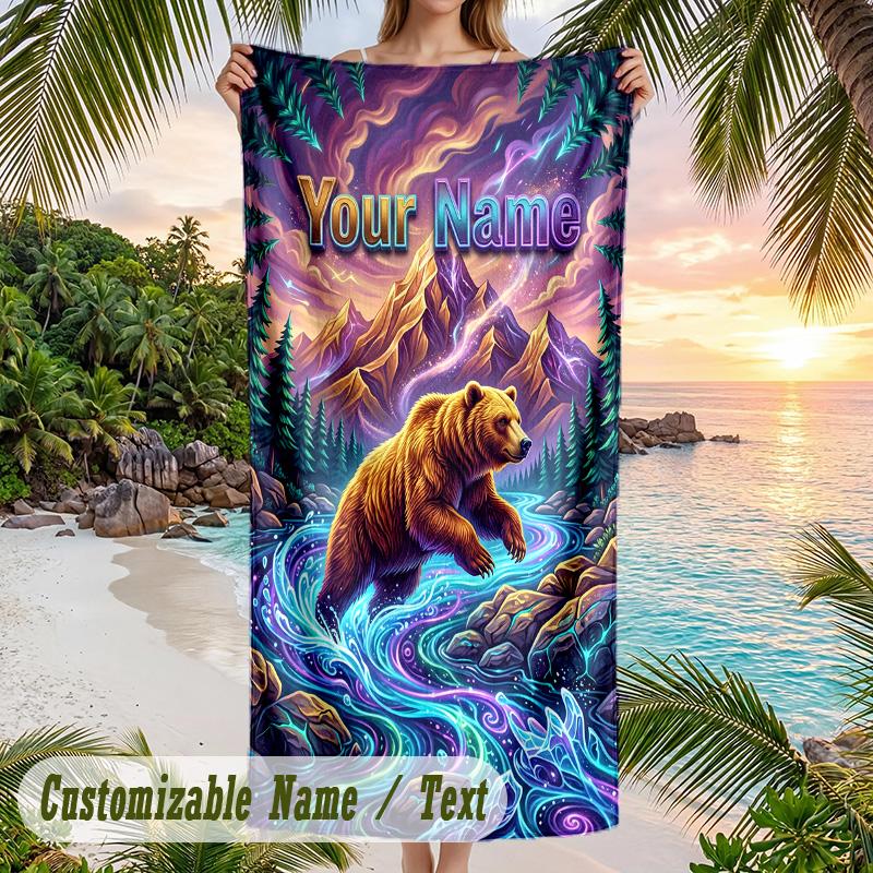 Teddy Bear Theme Beach Towel Personalized Custom Name & Text Soft Quick Dry Beach Towel for Swimming Travel