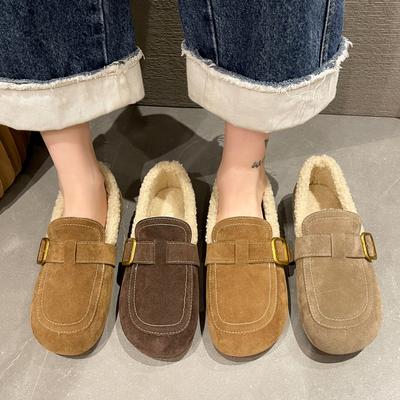 Winter Shoes Woman Buckle Belt Fur Flats Round Toe Suede Leather Furry Mocasines Female Cozy Plush Slip On Loafers Shoes Woman