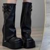 Punk Style Women Knee High Boots Designer Belt Buckle Platform Heel Shoes Autumn Winter Long Booties  New