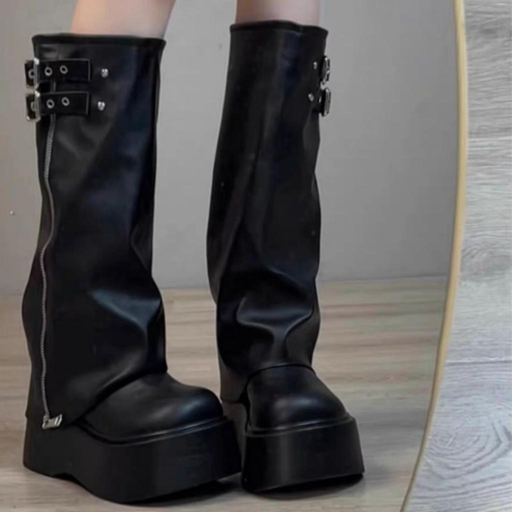 Punk Style Women Knee High Boots Designer Belt Buckle Platform Heel Shoes Autumn Winter Long Booties  New