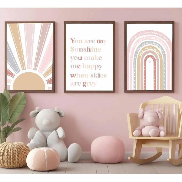 3 Pcs Boho Nursery Canvas Wall Art Pink Sweet Rainbow You Are My Sunshine Painting Pictures Wall Decor Poster Print Artwork For Kids Room Girls