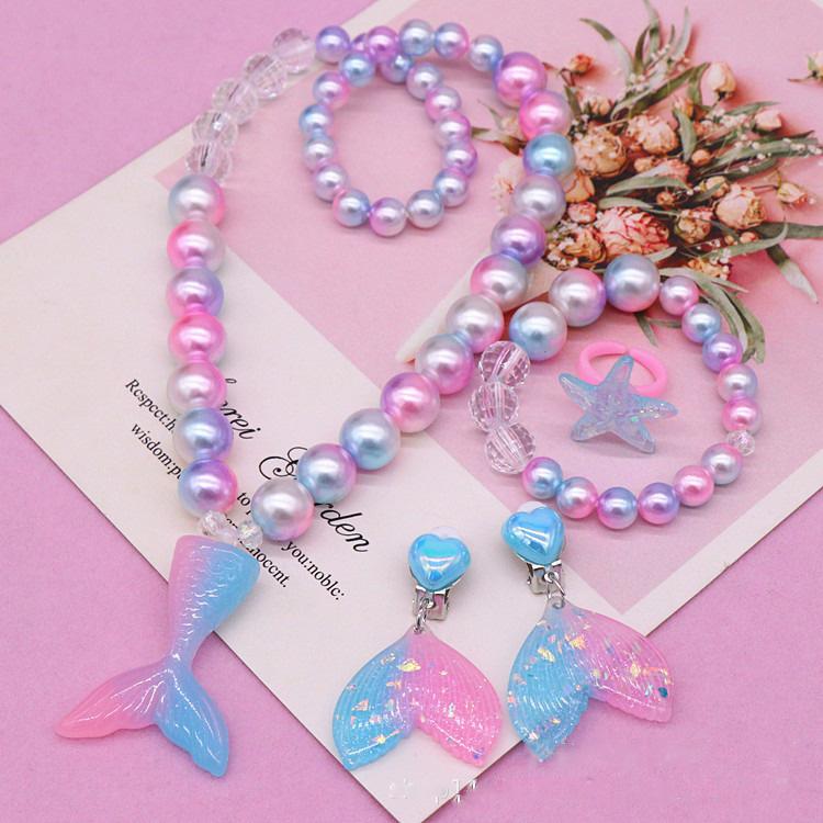 Mädchen Kleine Meerjungfrau Party Zubehör Halskette Ring Ohrring Armband Kinder Spielzeug Kinder Geburtstag Geschenk Magie Pailletten Geldbörse Stirnband