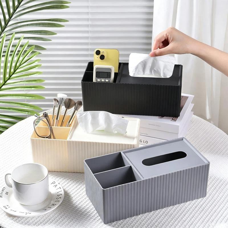 Multifunctional Striped Tissue Storage Box Removable Lid Separate Compartments Nice Housewarming Gift for New Home Owners