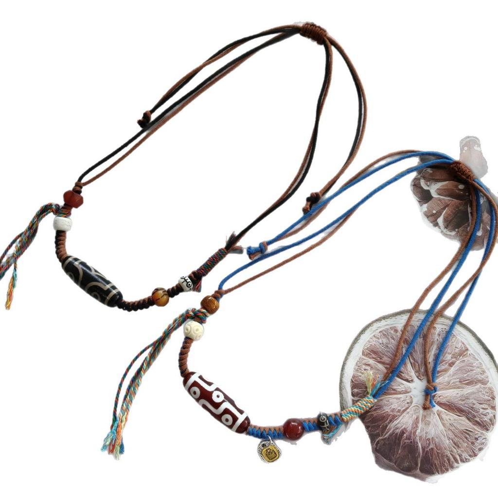 Adjustable Handmade Necklace with Agate Buddha Eye, 3-Eyed Dzi, and 9-Eyed Pendant