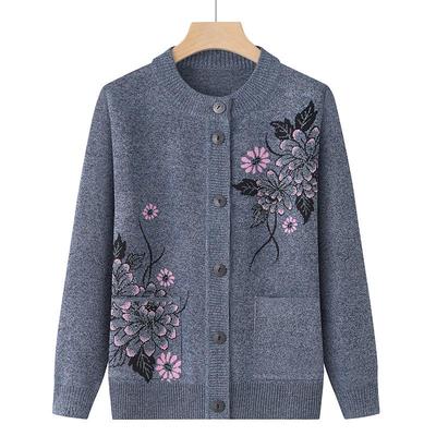Round Neck Cardigan Sweater for Middle-aged & Elderly Women - Perfect for All Seasons