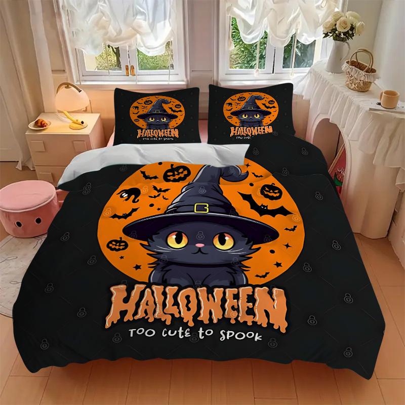 3pcs Cute Happy Halloween Cat Witch Hat Bedding Set - 1 Soft Quilt Cover + 2 Pillowcases, Machine Washable - Suitable for All Seasons, Perfe