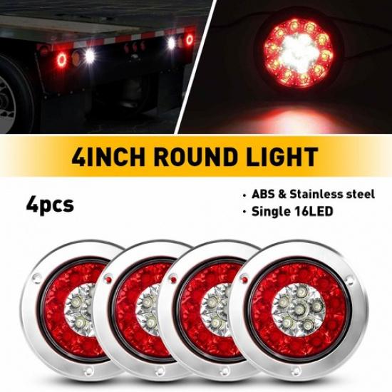 4X 4inch White Round Red 16LED Truck Brake Trailer Stop Turn Signal Tail Lights