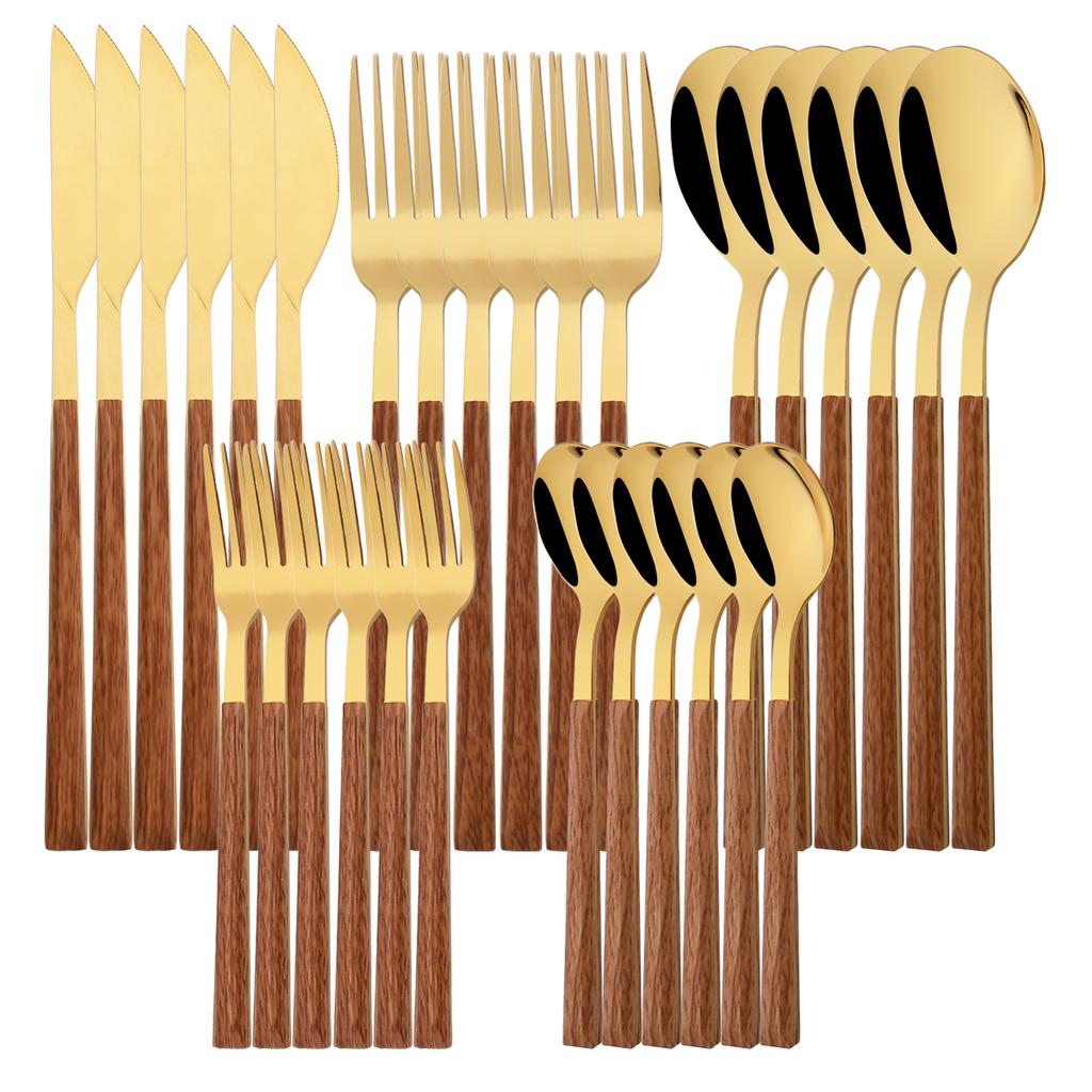 24/30Pcs Knife Dessert Fork Coffee Spoon Tableware Dinnerware Set Imitation Wooden Handle Cutlery Set Stainless Steel Flatware