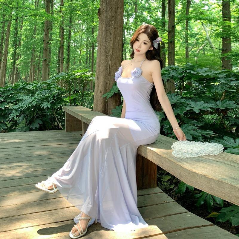 French Beautiful Seaside Vacation Purple Mesh Suspender Dress Women's Pure Desire Sexy Waist Hip Fish Tail Dress