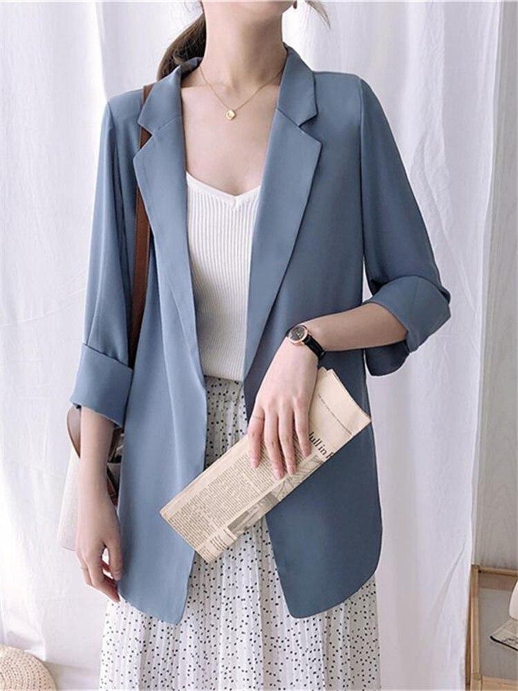 

Пиджаки женские шифоновые корейские верхняя одежда весенний солнцезащитный крем свободные без планки однотонные простые длинные универсальные мягкие модные уличные костюмы XXL небесно-голубой