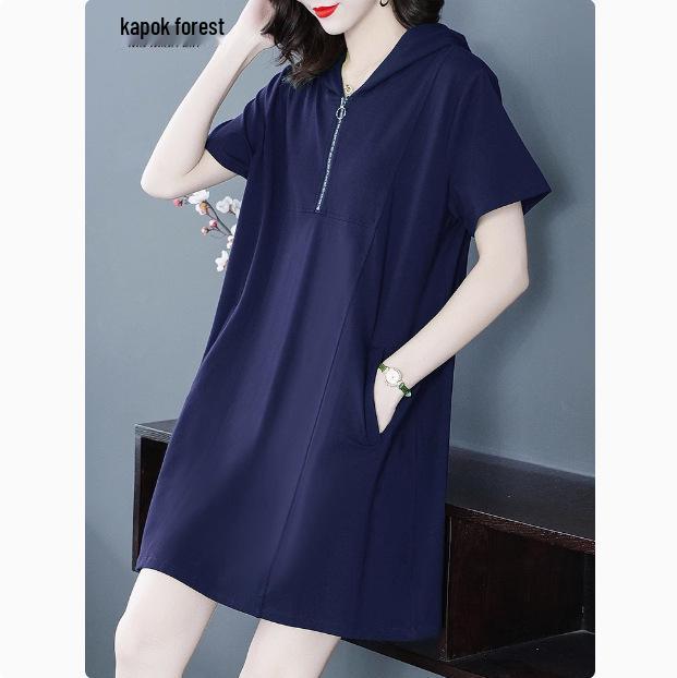 2025 Summer Casual Hooded Dress - Short Sleeve Sporty Loose Fit Plus Size Women's Clothing