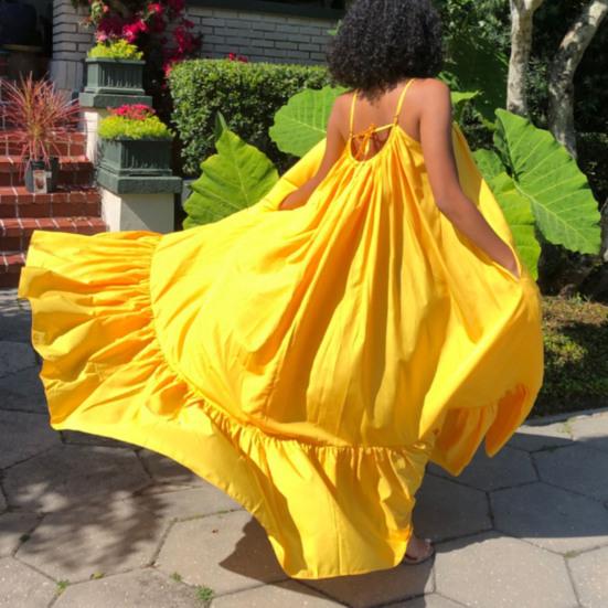 Maxi Dress Backless Casual Floor-length Solid Color Big Swing Strap Pocket Sling Dress for Beach