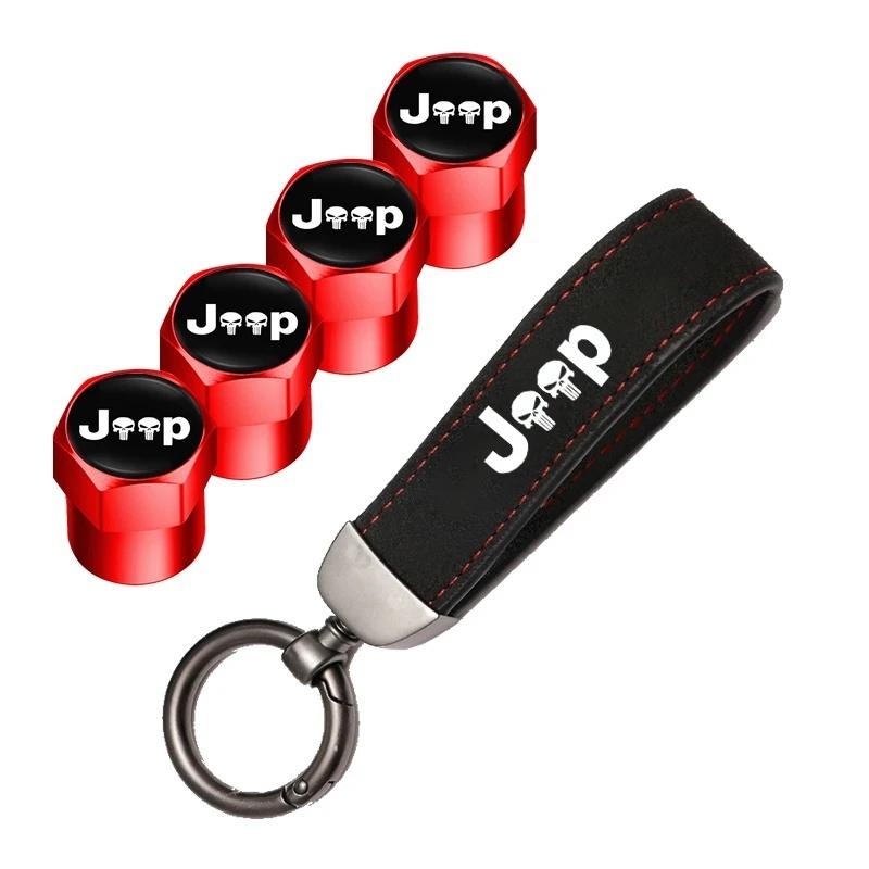4PCS Jeep Tire Valve Stem Caps + Suede Keychain Set for Renegade Grand Cherokee Patriot Wrangler Compass Auto Accessories ALS1