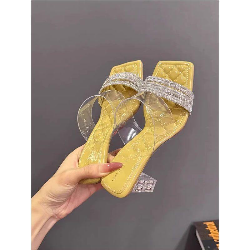 Sexy Rhinestone Thick High-heeled Women's Sandals 2025 Summer New Fairy Wind Transparent Belt Slippers Women's Outer Wear