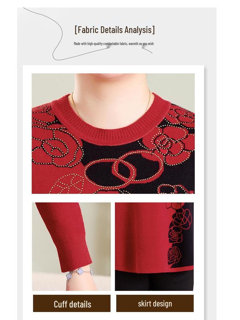 Plus Size Round Neck Wool Pullover for Overweight Middle-Aged and Elderly Women - Extra Wide Base Layer Knitwear for Autumn/Winter