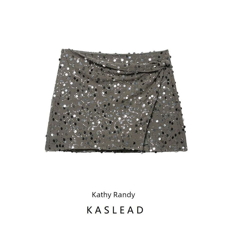 Kaslead New Women Clothes Western Style Fashion Simple Beads Decoration Double Placket Mini Skirt 7969226