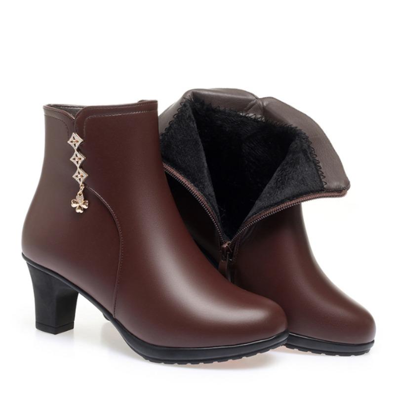 Comfort Fashion Soft Leather Winter Shoes Women's Thick Plush Snow Boots Elegant Black Block High Heels Ankle Office Mom Boots