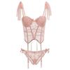 Hollow Mesh Women Lingerie Uniform Passionate Set Bow Lace Corset  Home Travel
