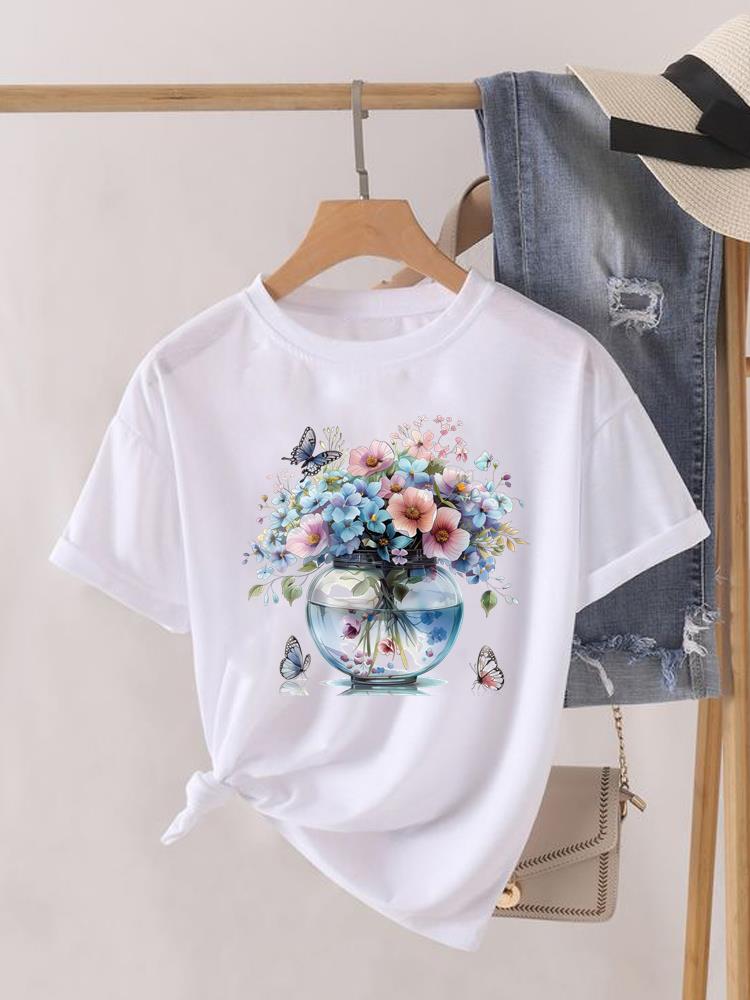 (Asian Size) 90s Flower Cute Clothing Lady O-neck Short Sleeve T-shirts Printed Female Top Casual T Shirt Fashion Women Graphic Tee