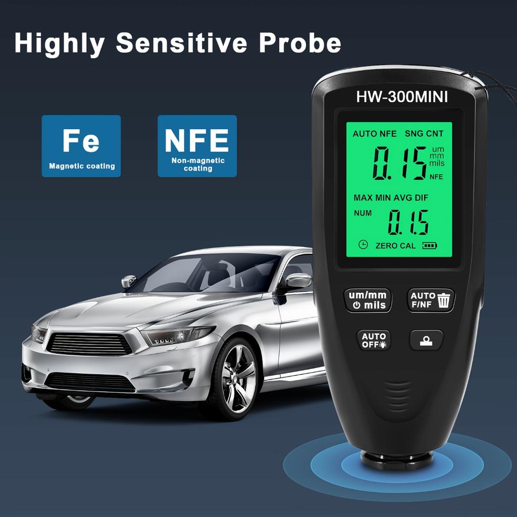 Car Paint Thickness Meter, 0-2000um Coating Detector, Backlight LCD, Auto Calibration, Data Hold, Fe&Non-Fe Auto Detection, Practical Gift