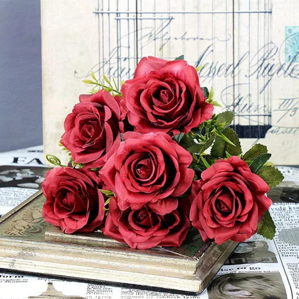 

YO CHO Искусственный шелковый цветок розы 6 головок Домашнее украшение Свадебная вечеринка Искусственный цветок розы красный