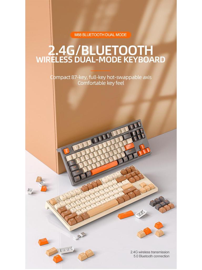 Free Wolf M88 Dual-Mode Wireless Bluetooth Mechanical Keyboard with PBT Keycaps for Gaming & Office Use