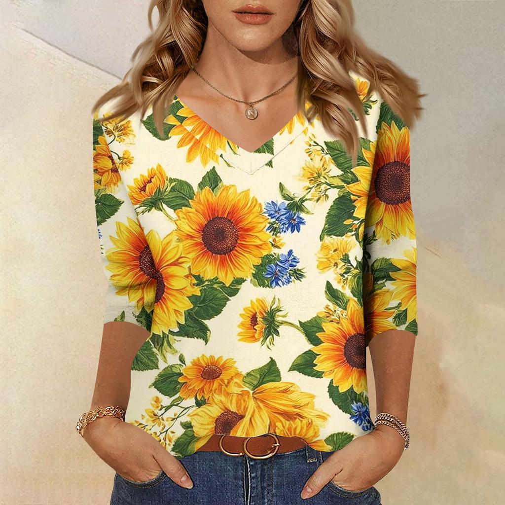 Women's Fashionable Casual V-Neck Three-Quarter Sleeve Printed T-Shirt Top