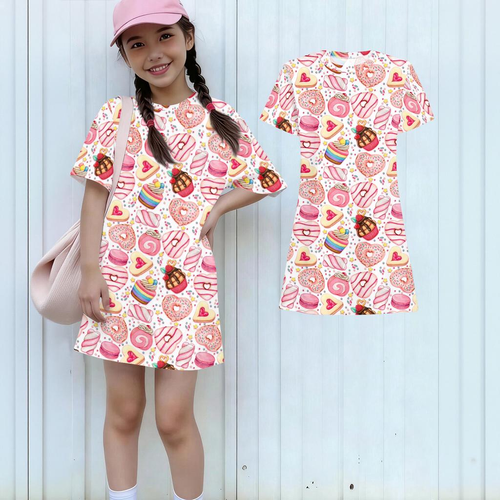 Girls Print Casual Dress Kids Loose Round Neck Short Sleeve Thin Sundress