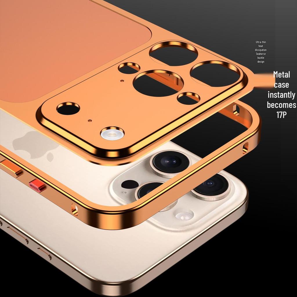 Seahorse Buckle Edge Frame with Metal Back Sticker for Apple 16 Pro Max/15 Pro/14 Pro – Instantly Transforms to Model 17