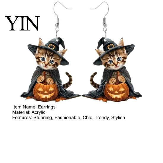 Striped Kitten Earrings 1 Pair Halloween Witch Cat for Women, Acrylic Cute Jewelry Dangle Drop with Pumpkin, Party Costume Accessories Fantasy Themed