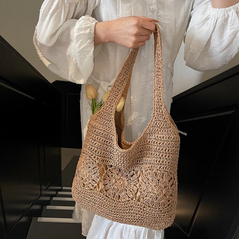 Yogodlns Large Straw Beach Bag with Zipper Summer Shoulder Bag Handbag Hobo Bag Shoulder Purse for Women Travel Vacation