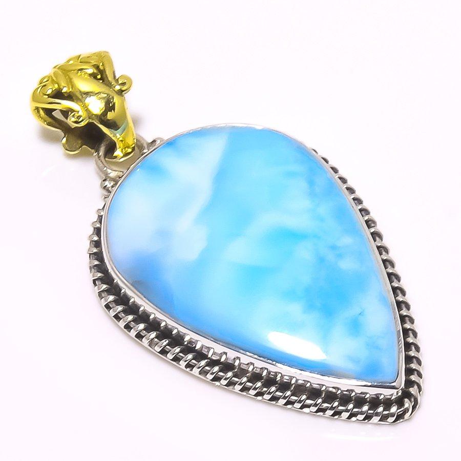 Natural Republic Larimar Gemstone 925 Sterling Silver TwoTone Pendant 1.85" q4G65