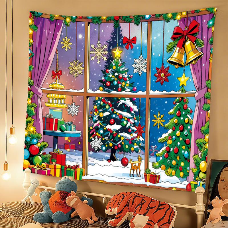 Christmas Window Scene Wall Tapestry Holiday Polyester Wall Hanging for Bedroom Living Room Dorm Office Boho Home Decor
