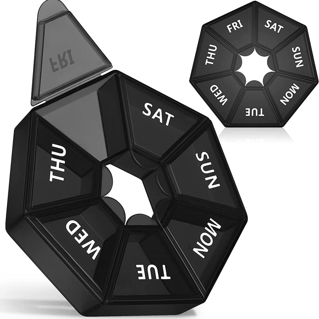 Weekly pill organizer for arthritis patients, BPA-free, spring-open design, with space for vitamins, cod liver oil,