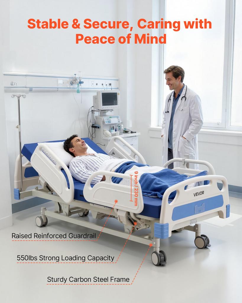 VEVOR Premium 5-Funktionen Voll elektrisches Krankenhausbett, Elektrisches medizinisches Bett mit Trendelenburg & umgekehrtem Trendelenburg