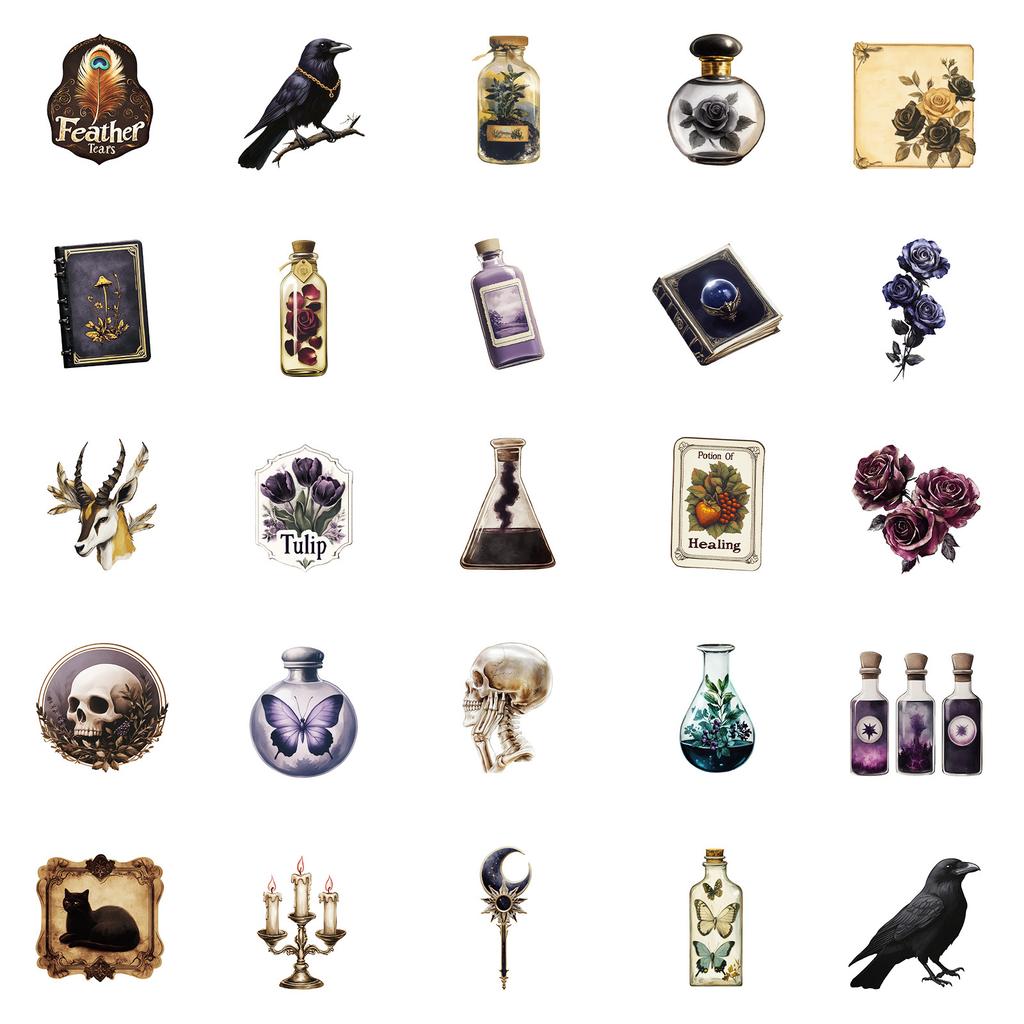 50 Pcs Dark Aesthetics Decorative Stickers  Oil Lamp Crow Non Repeating Waterproof Stickers