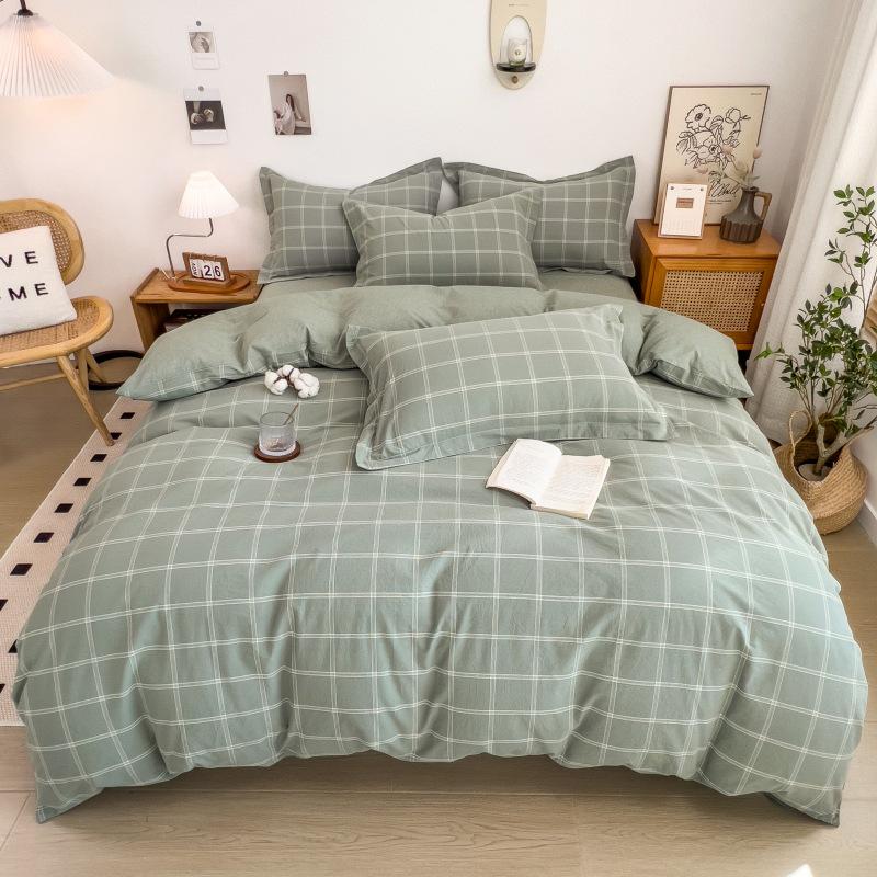 Muji-Inspired Plaid Water-Washed Cotton Duvet Cover Set - Minimalist Brushed Four-Piece Bedding Set