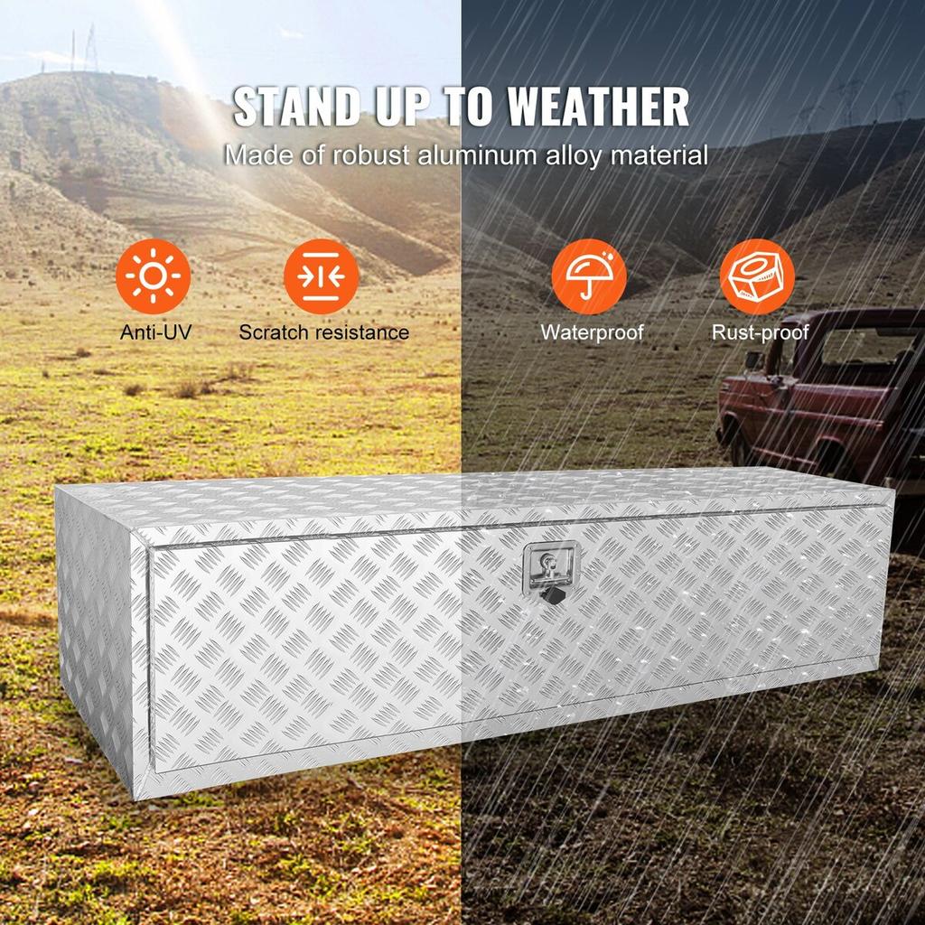 Underbody Truck Box, 60"×24"×24" Pickup Storage Box, Heavy Duty Aluminum Diamond Plate Tool Box with Lock and Keys, Waterproof Trailer Storage Box