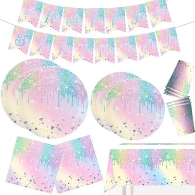 Vaisselle Jetable Diamond Party Filles Macaron Arc-en-ciel Fournitures de Fête d'Anniversaire Arc-en-ciel Dégradé Assiettes en Papier Serviettes Gobelets