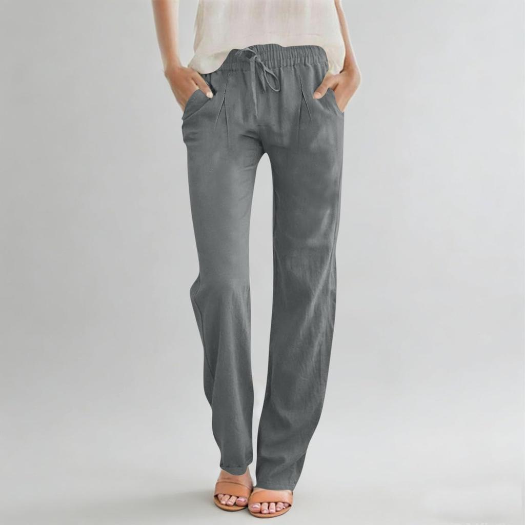 Pantalon décontracté pour femme en coton et lin, droit, à cordon de serrage, taille haute, ample, pantalon de plage avec poche