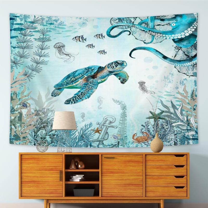 Sea Turtle Octopus Tapestry Blue Teal Ocean Wall Tapestry For Bedroom, Underwater Animal Seashell Jellyfish Coastal Nautical 70x100CM