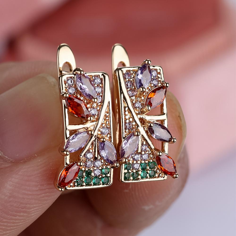 Delicate Colorful Cubic Zirconia Leaf Earrings for Women Vintage Gold Color Fine Jewelry Gift