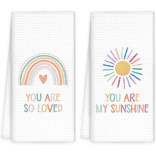 Boho Rainbow Kids Hand Towels Set of 2 - Kids Bathroom Decor Hand Towels, You are My Sunshine Dish Tea Towel for Nursery Kitchen Bathroom, Rainbow You Are
