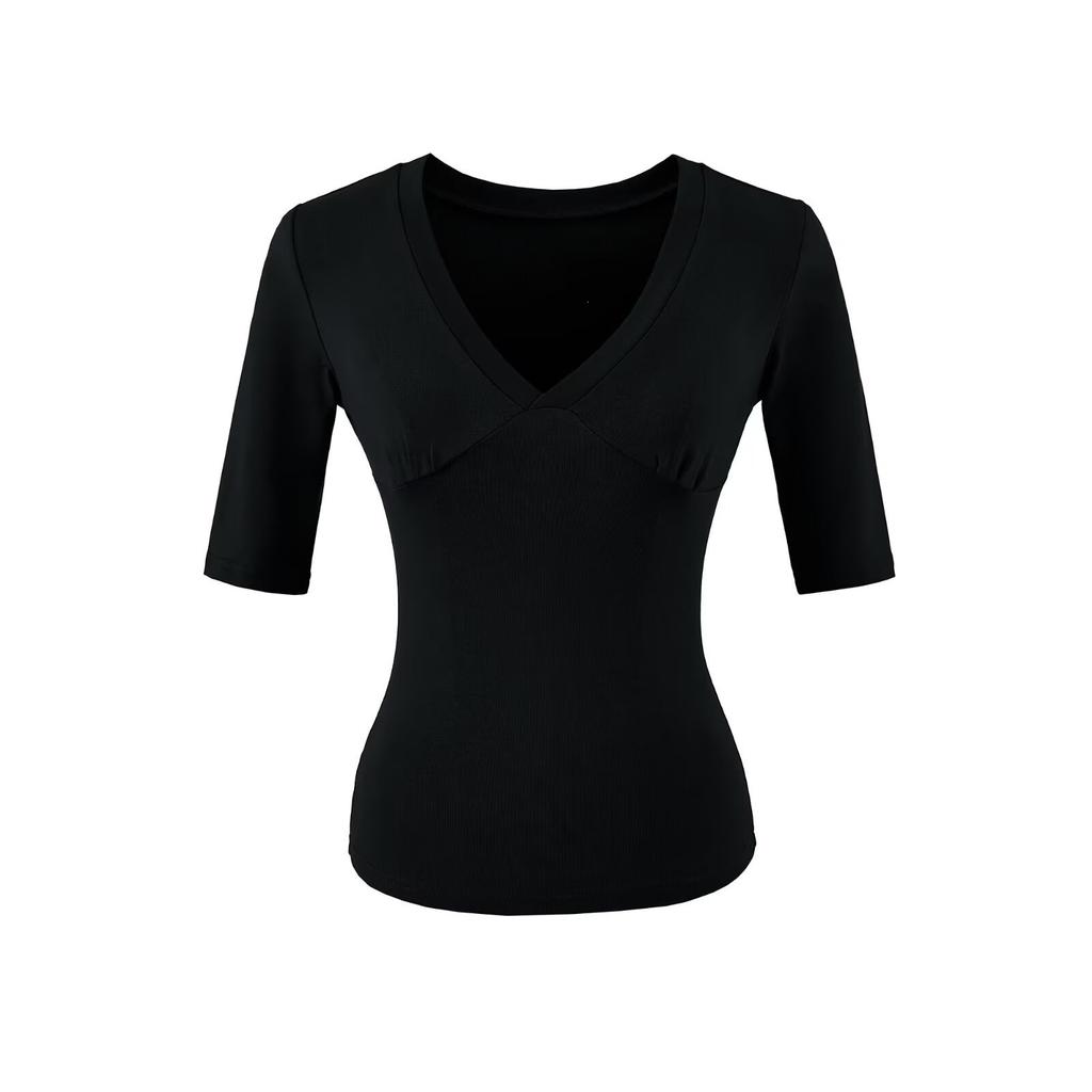 V-neck Medium-sleeved T-shirt Women's Summer New American Spice Girl Style Solid Color Slim-fitting Model with Thin Bottom Top